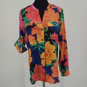 Calvin Klein Floral Roll Tab Sleeve Button Front Blouse Orange Pink Blue S